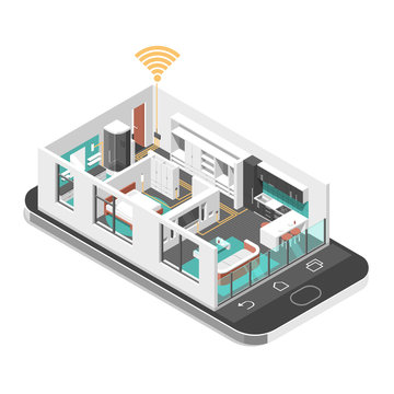 Smart house concept. Isometric image with apartment and smart phone. 3d vector illustration.