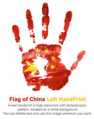 Left hand print in China flag color. The imprint of national colors isolated on white background