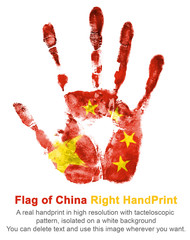 Right hand print of China flag color. The imprint of national colors red and yellow isolated on white background