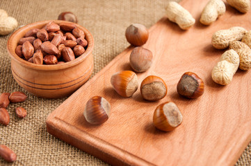 cabbage on a wooden board on a background sacking, burlap