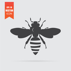 Bee icon in flat style isolated on grey background.