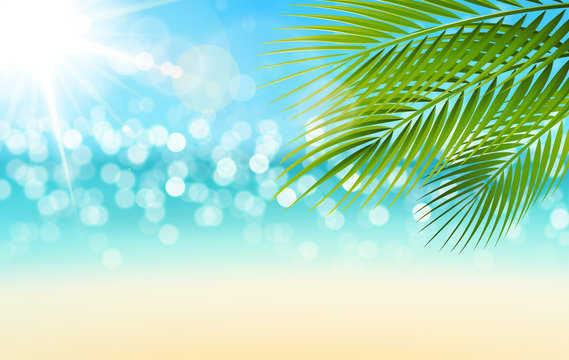 Strand Kulisse Bokeh Meer mit Palmen und Sonnenstrahlen
