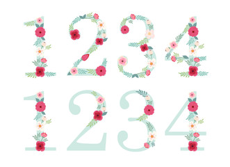 Vintage numbers with hand drawn rustic flowers
