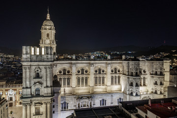 Fototapeta na wymiar Cityscape of Malaga Cathedral by night