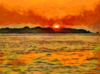 Illustrated image of sunset over the horizon near an exotic island in the ocean
