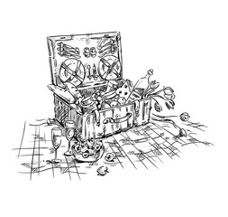 Picnic basket, lunch on the grass illustration   