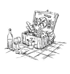 Picnic basket, lunch on the grass illustration   