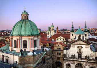 Fototapeta na wymiar Prague churchs and old town panorama, Czech Republic.