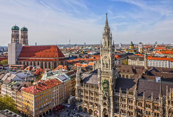 Fototapeta na wymiar Munich panoramic view old town architecture, Bavaria, Germany. Frauenkirche and town hall on Marienplatz