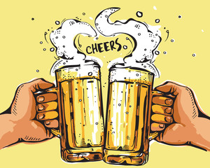 Vector image of two hands holding beer mugs. Drinks with a lot of foam forming a heart shape. Cheers.