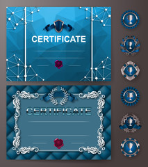Set of elegant templates of diploma with floral element, ribbon, wax seal, abstract background, badges. Certificate of achievement, education, awards, winner. Vector illustration EPS 10.