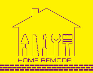 Silhouette of a house with tools for repair.  Logo home remodel in yellow. Stock vector. Flat design. 