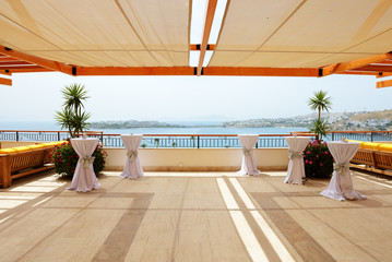 Sea view terrace of luxury hotel, Bodrum, Turkey
