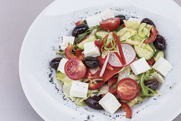 Fresh greek salad, decorated with herbs, isolated on light background, white plate