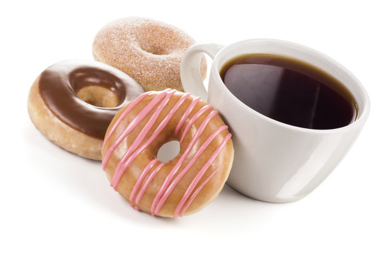 Large Mug of Black Coffee with Three Different Donuts on White Background