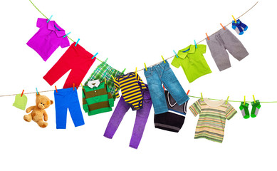 Laundry lines with colorful clothes, isolated on white background