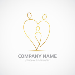 Line art figures representing parents and child in a single continuous line in a shape of a heart