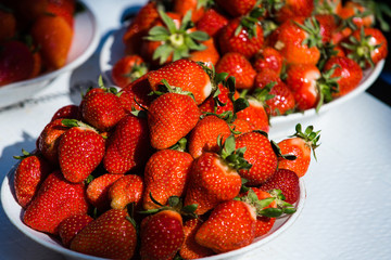 strawberry in plates on table, summer harvest