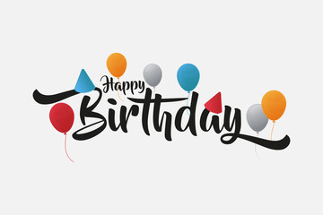 birthday greeting card with balloon and hat, happy birthday lettering