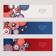 4th of July, USA Independence Day vector banners with paper stars in USA flag colors. Holiday backgrounds set with place for text. Material design for greeting card, banner layout, flyer, poster.
