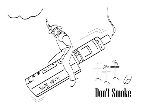 Illustration with cow boy riding on top of vape machine (E-cig, E-cigarette, Vaporizer,) with graves of other cowboys and text " Don't Smoke ". Concept about the dangers of smoking