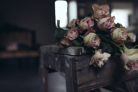 bouquet de rose rose p&acirc;le sur un escabeau de peintre