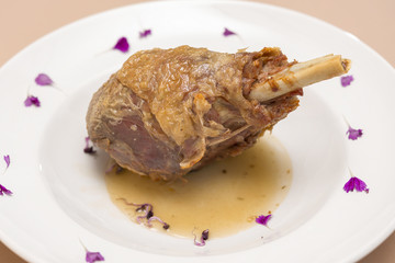 Roasted turkey leg, served with white sauce, decorated with herbs, placed on white plate, light background, isolated