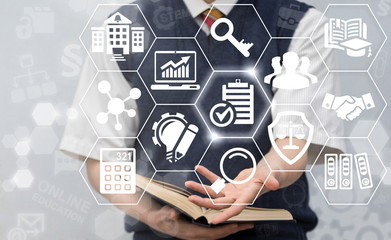 Education Compliance Regulations Concept. Man with book offers clipboard check mark icon on virtual screen. Learning Rules Laws Technology.