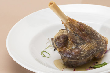 Roasted lamb leg, served with white sauce, decorated with herbs, placed on white plate, light background, isolated