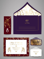 Template wedding invitation and envelope with floral golden ornament. Greeting card design. Vector illustration.