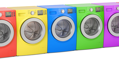 row of colored washing machines, 3D rendering