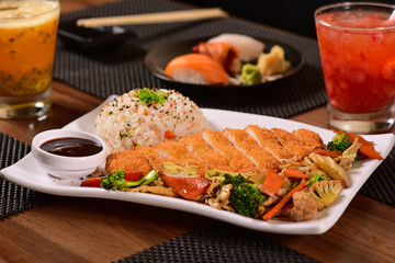 Roasted salmon and rice and vegetables