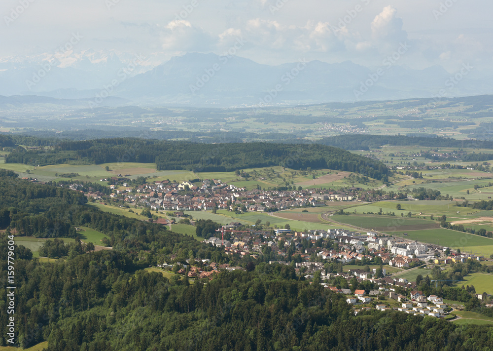 Wall mural stallikon, sellenbüren, bonstetten village near zurich, switzerland, top view from uetliberg,