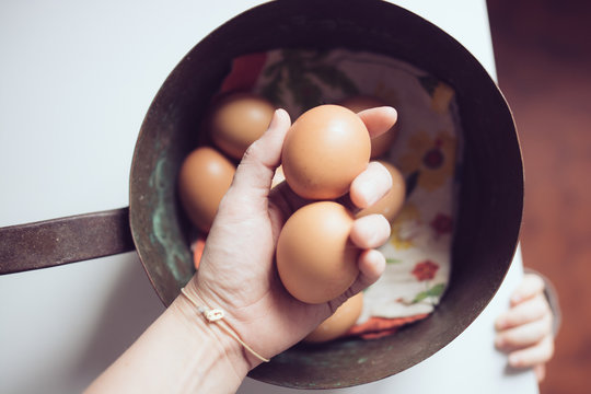 oeufs dans une main avec panier en fond