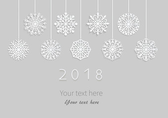 Happy New Year 2018 card with paper snowflakes. Applique background. Vector illustration.  EPS10.