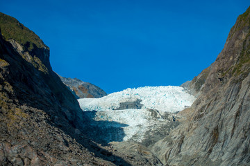 Franz Josef Glacier and valley floor, Westland, South Island, Franz Josef Glacier National Park, in...