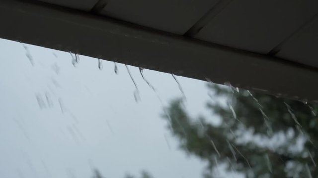 Rain dripping off the gutter during a storm