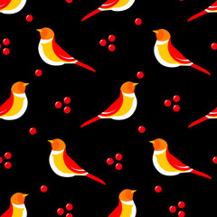 Seamless pattern with abstract bird and berries on black background. Vector illustration.