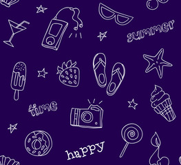 Seamless pattern with contour summer icons. Old school style. Ornament for textile. Vector background.