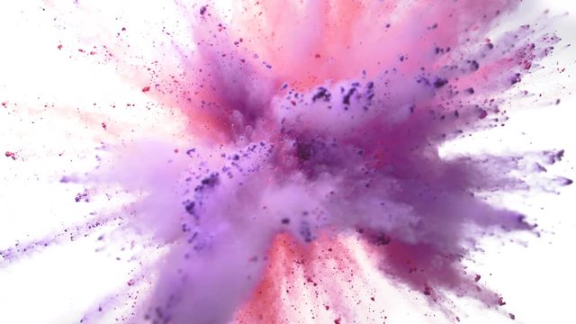 Colorful powder/particles fly after being exploded against white background. Shot with high speed camera, phantom flex 4K. Slow Motion. Included 2 different color versions.