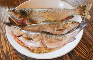 fresh fish on the plate, cooked for frying. Fresh wild trout and grayling on the plate..