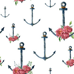 Watercolor pattern with anchor and peony flower. Hand painted vintage nautical illustration with floral decor isolated on white background. For design, print or background © yuliya_derbisheva
