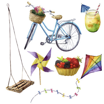 Watercolor summer pleasures set. Hand painted summer vacation objects: swing, cocktail, kait, fruit cake, bike and windmill. Illustration isolated on white background.
