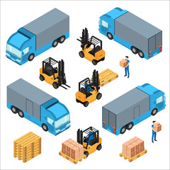 A set of isometric icons, transportation for cargo and a loader with boxes