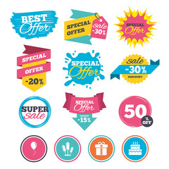 Birthday party icons. Cake and gift box symbol.