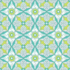 Abstract Geometric Seamless Pattern with Floral Ornament in Teal and Lime Green Color.