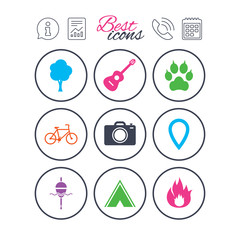 Tourism, camping icons. Fishing, fire and bike.