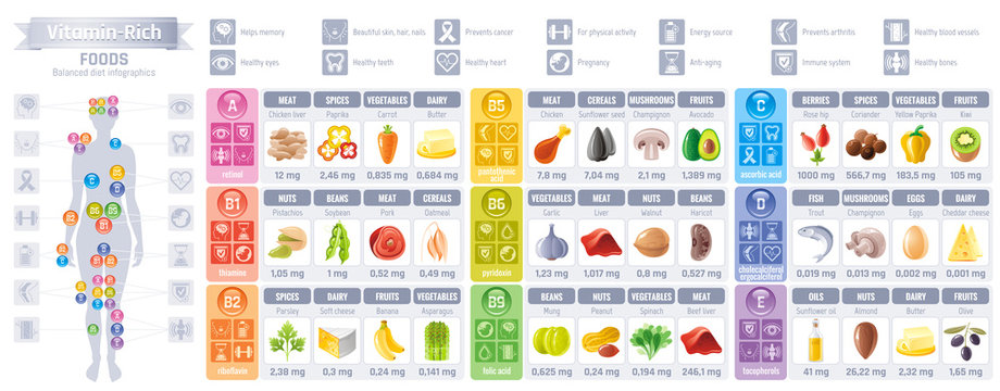 Vitamin rich food icons. Healthy eating vector icon set, text lettering logo, isolated background. Diet Infographics flyer design. Woman body diagram, Table illustration, meat, dairy, fruit, vegetable