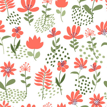 Simple flower pattern. Seamless cute floral and dots background. Vector illustration. Template for fashion prints. © kay_mosk
