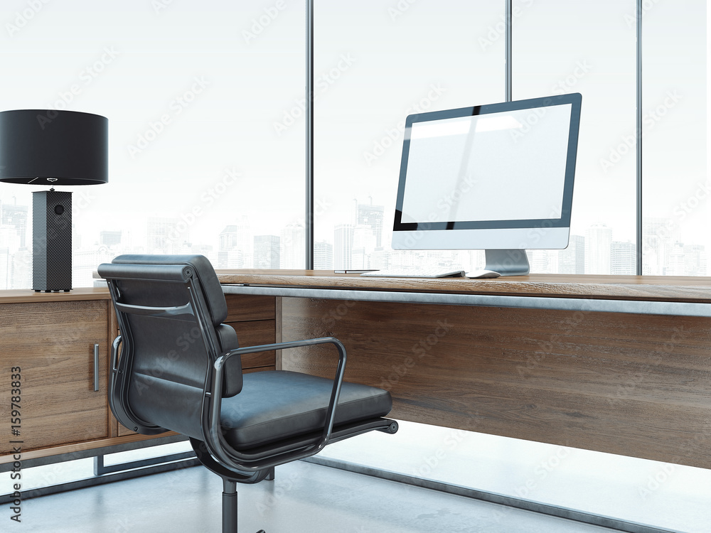 Poster office interior with table and computer monitor. 3d rendering